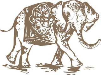 Stylized elephant is walking in brown stencil design with decorative cloth, transparent background