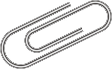 Single silver paperclip is shining diagonally in vector illustration, transparent background