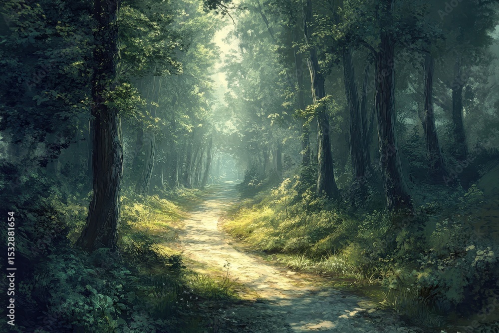 Aufkleber winding forest road inviting exploration in ancient times with dappled sunlight filtering through tr