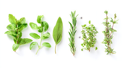 Fresh Green Herbs Including Mint Basil Sage Rosemary Thyme and Oregano on White Background