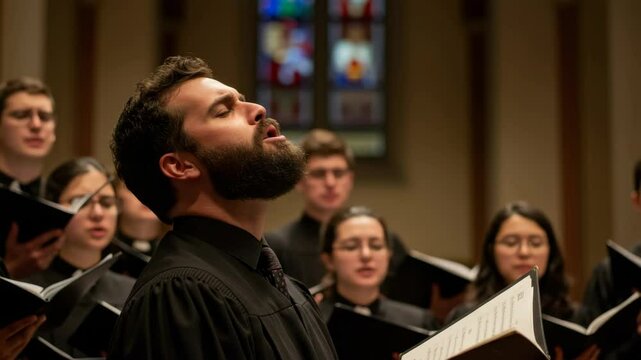 Male Singer in a Choir - A man with a beard sings with his eyes closed, head tilted back, as part of a choir in a church or concert hall.  The other singers are softly blurred in the background.