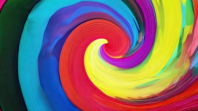 Dynamic colorful spiral creates mesmerizing vortex effect with vibrant rainbow colors swirling inward generating hypnotic rotating motion perfect for abstract backgrounds