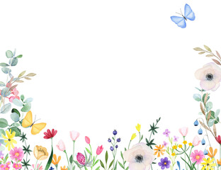 Watercolor card frame with medow wildflowers png on transparent background