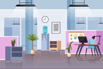 A modern office interior with pastel-colored walls, desk, plants, and a water cooler, showcasing a calm and productive workspace.