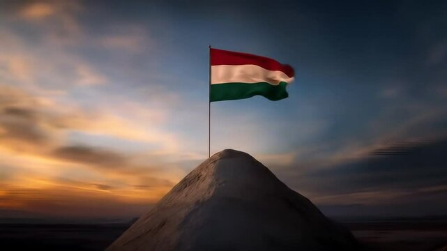 National flag atop a hill at sunset.  Dramatic sky with clouds