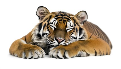 A sleeping tiger rests against a white background.