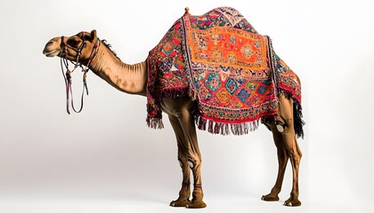Camel draped in colorful patterned textile.