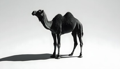 Side view of a black camel against a plain background.