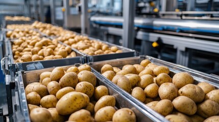 Freshly Harvested Potatoes in Large Containers within a Modern Agricultural Facility