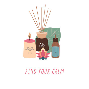 Relaxing vector setup with meditation items: essential oils in bottles or diffusers, candles, tropical plants, lotus flower. Illustration for social media, banners, invitation