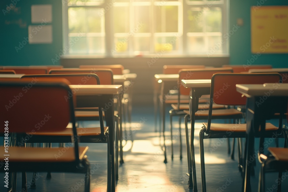 Poster empty classroom with brightly lit desks waiting for students in a vibrant learning environment, rows