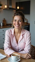 Junge Frau trinkt morgens Kaffee in gemütlicher Küche und beginnt den Tag mit Lächeln