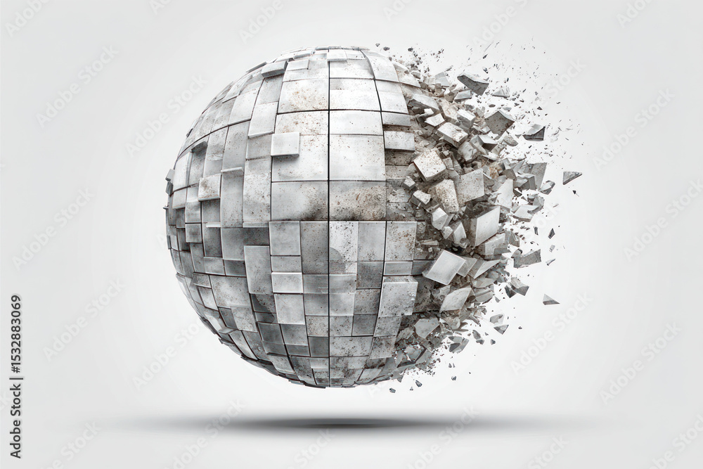 Poster a spherical structure shatters into irregular pieces while floating in mid-air against a simple grey