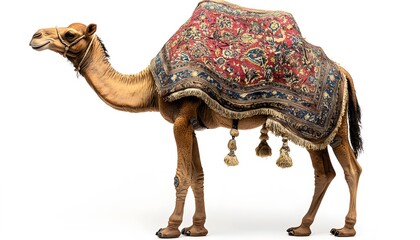 Camel draped in an ornate carpet.