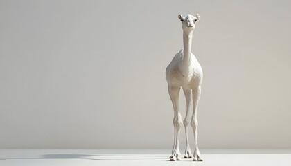 A young camel stands against a plain background.