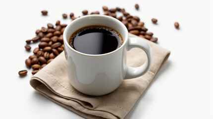 Obraz premium Rustic style white mug filled with black coffee, surrounded by coarse roasted beans, linen napkin on bright white background