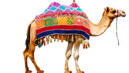 Ornate camel draped in colorful patchwork blanket.
