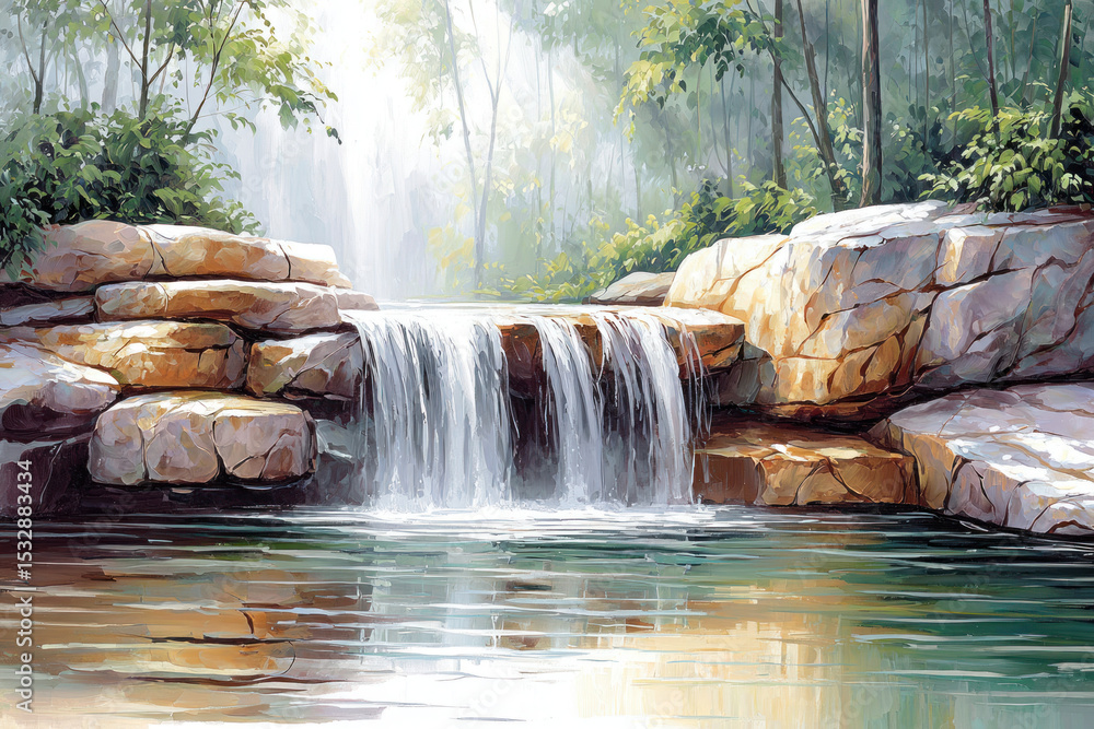Poster water flows over rocks into a calm pool, framed by lush trees and gentle sunlight filtering through 
