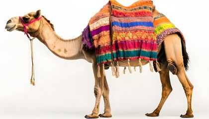 A camel adorned with a colorful blanket.