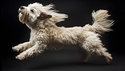 A light beige dog in mid-air, flying.