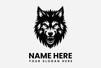 Powerful black silhouette wolf head logo with intricate fur details and glowing eyes embodying wilderness dominance