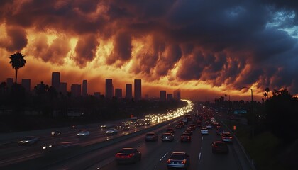 Dramatic sunset over a city highway.