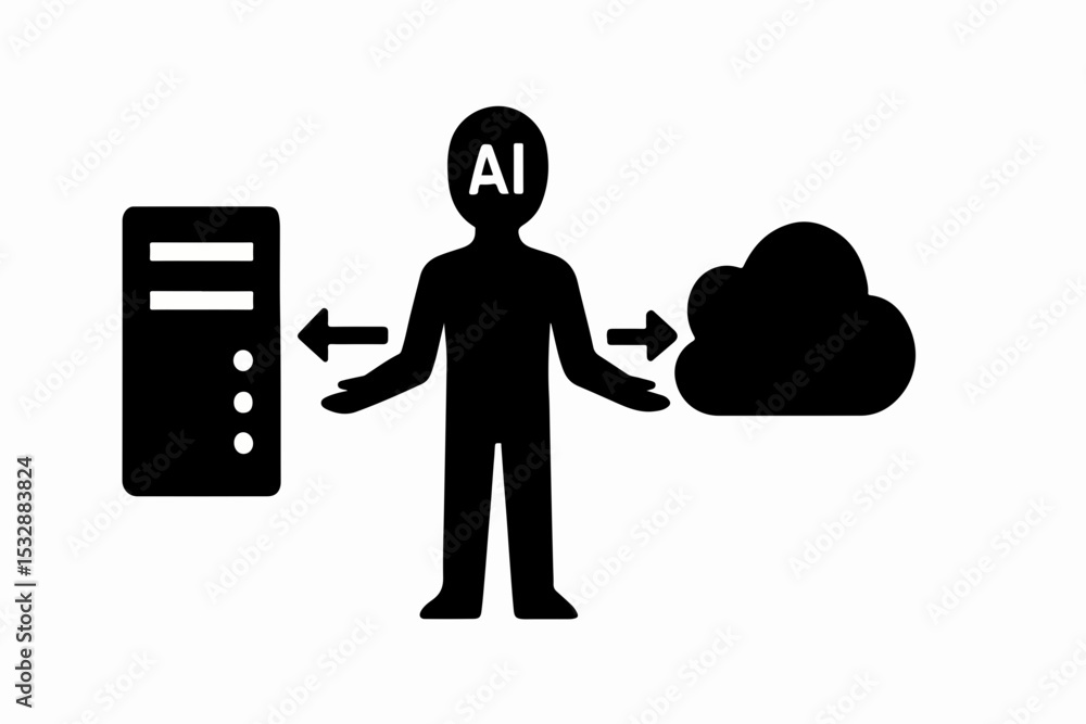 Poster silhouette ai brain and gear hybrid with cloud computing and data nodes vector illustration of artif