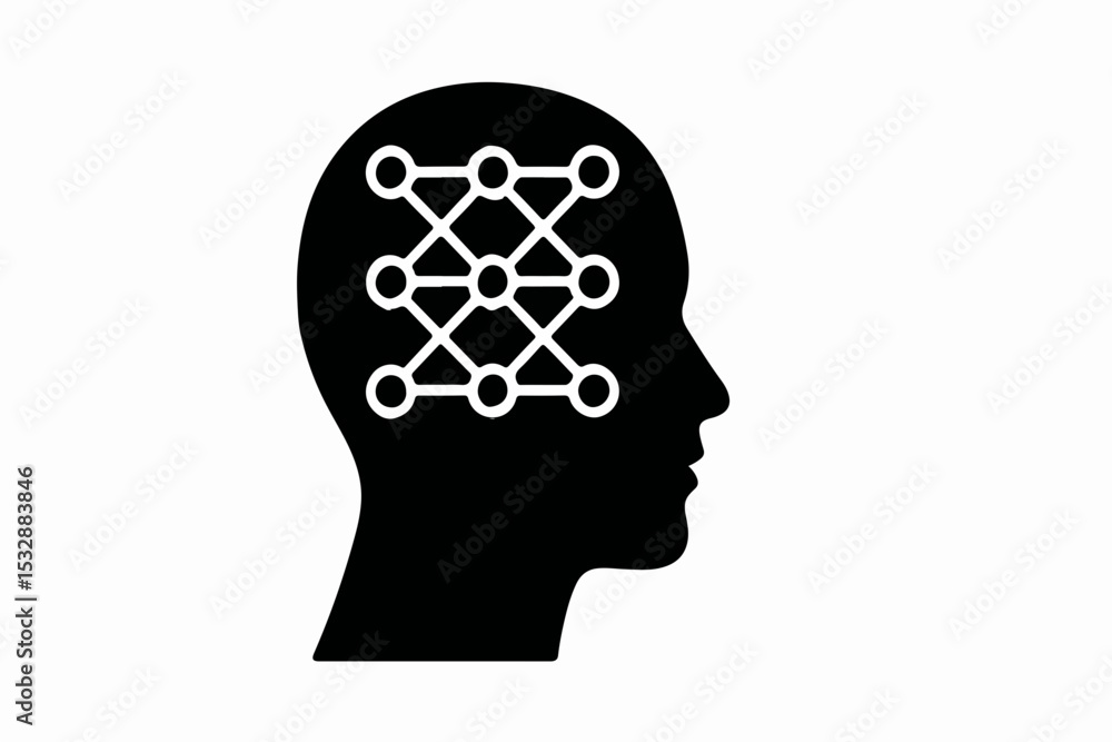 Poster silhouette ai brain and gear hybrid with cloud computing and data nodes vector illustration of artif