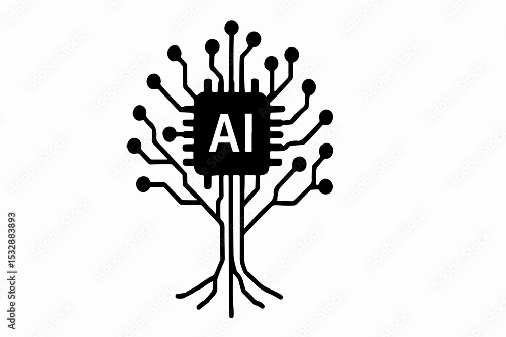 Poster silhouette ai brain and gear hybrid with cloud computing and data nodes vector illustration of artif