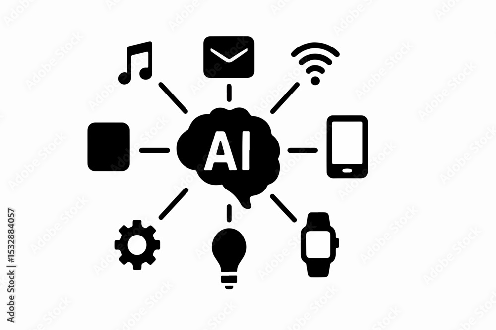 Poster silhouette ai brain and gear hybrid with cloud computing and data nodes vector illustration of artif