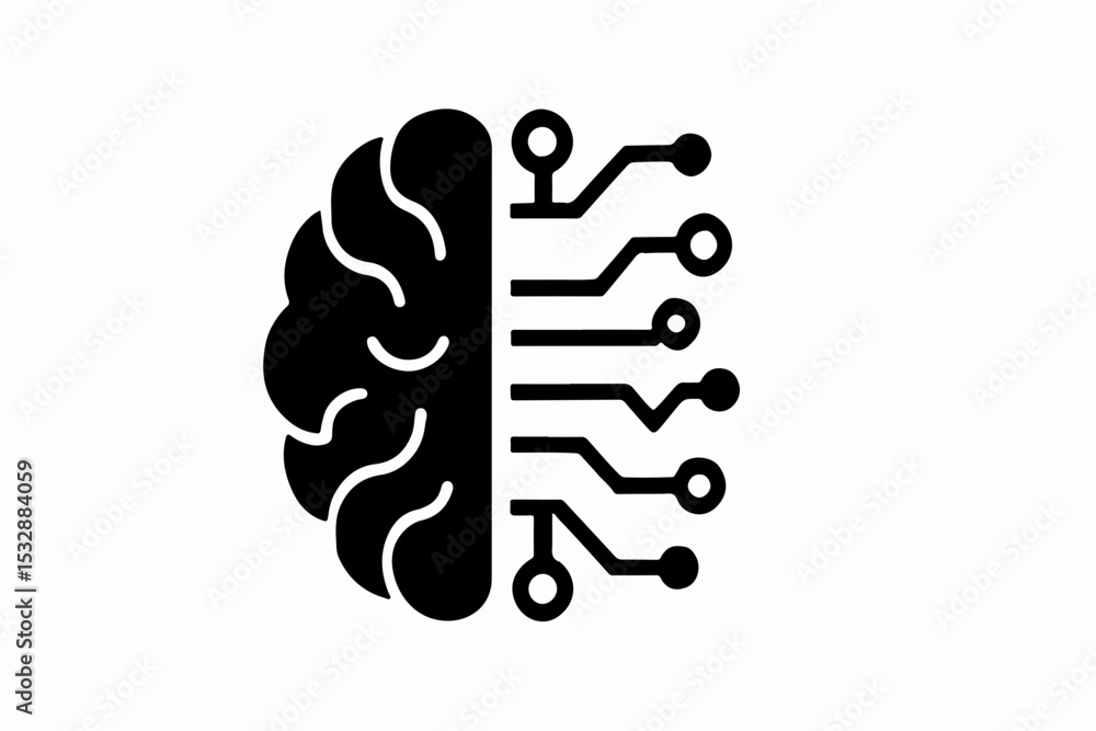 Poster silhouette ai brain and gear hybrid with cloud computing and data nodes vector illustration of artif