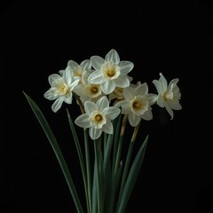 Elegant bouquet of white daffodils on black background