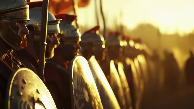 Roman soldiers line up in sunlight with shields. Golden light reflects on armor. Hero knight prepares for battle. Historical soldier formation stands ready. Roman warrior scene in battle armor.