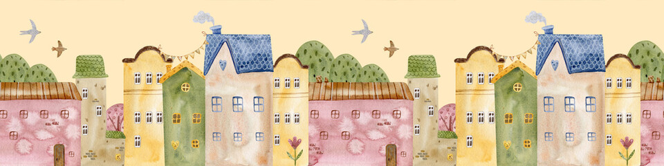 Architectural seamless pattern border. Children cute watercolor buildings and trees. Panorama of fairy-tale houses, old town streets. Fashionable Scandinavian background. Children's illustration
