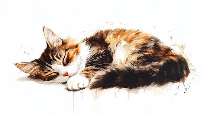 Watercolor painting of a calico cat sleeping.