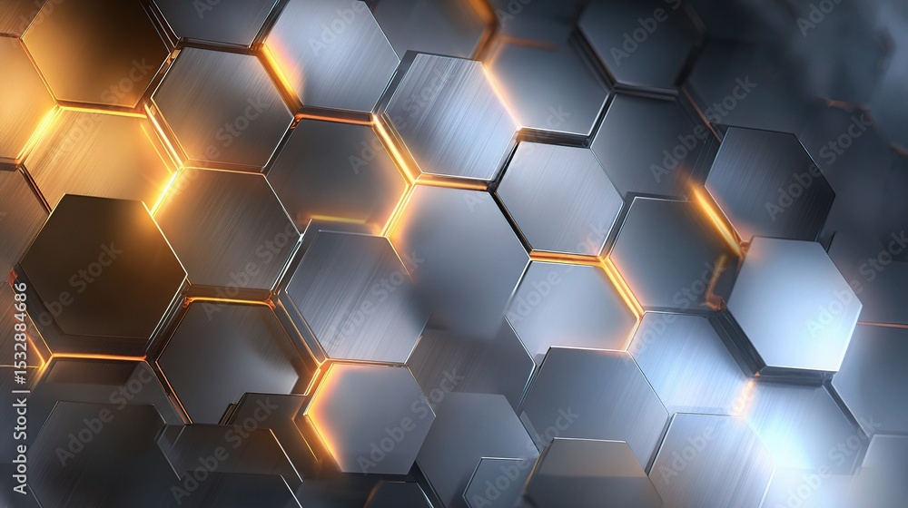 Poster hexagonal metal background with soft light reflection and glow