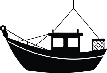 Silhouette of a Small Fishing Boat with Nets and Propeller Net Fishing