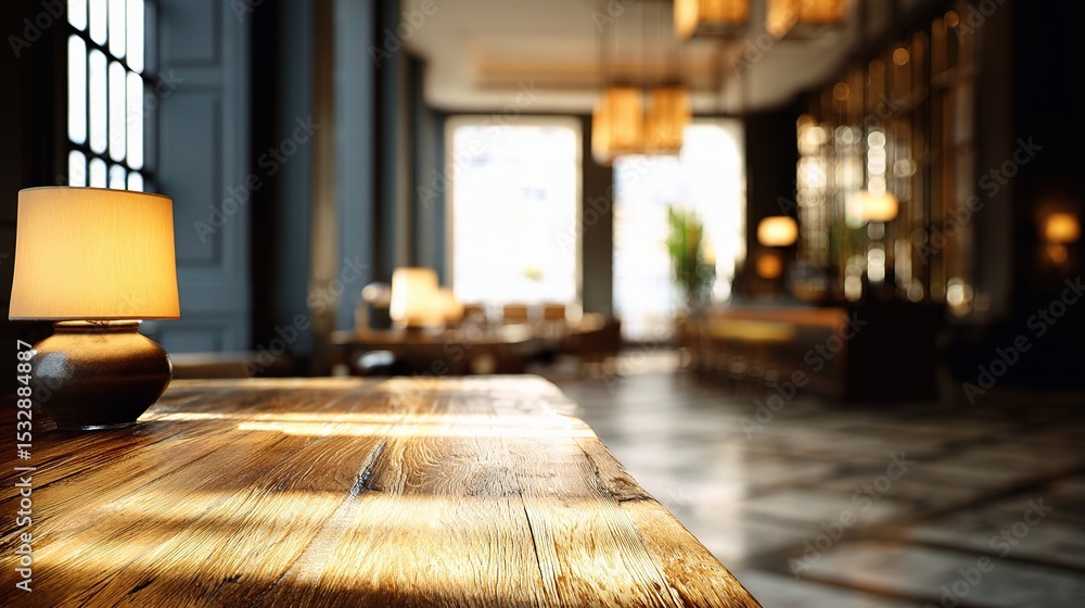 Poster Sunlit Lobby Area with Oak Table and Soft Blurred Background