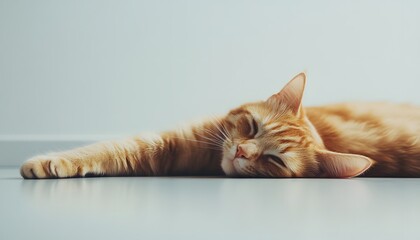 Ginger cat resting on a light surface.