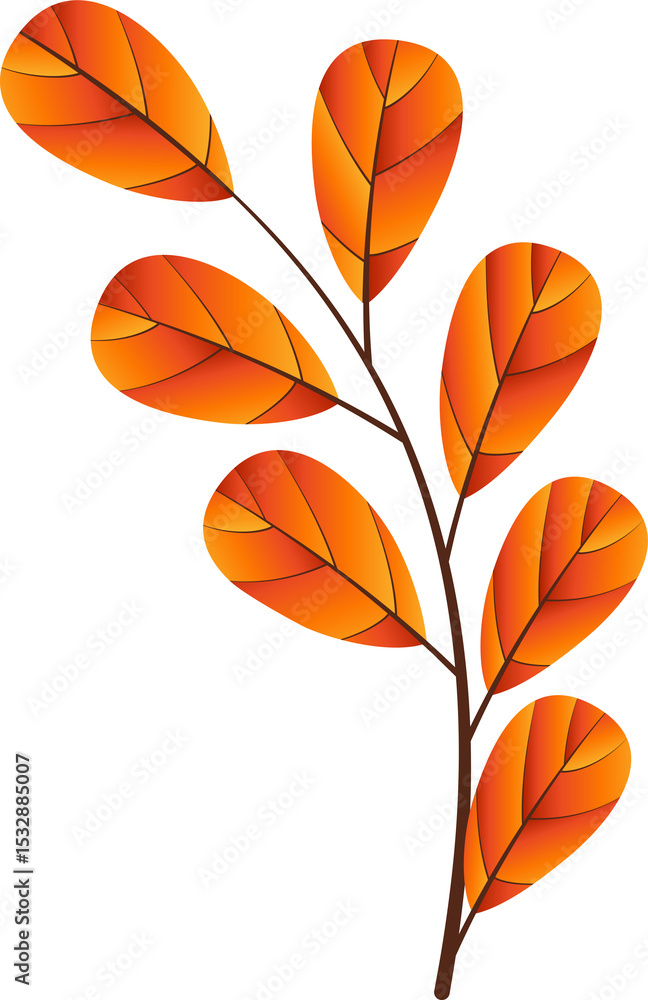 Poster autumn branch is showing seven gradient orange-red leaves in flat vector on transparent background