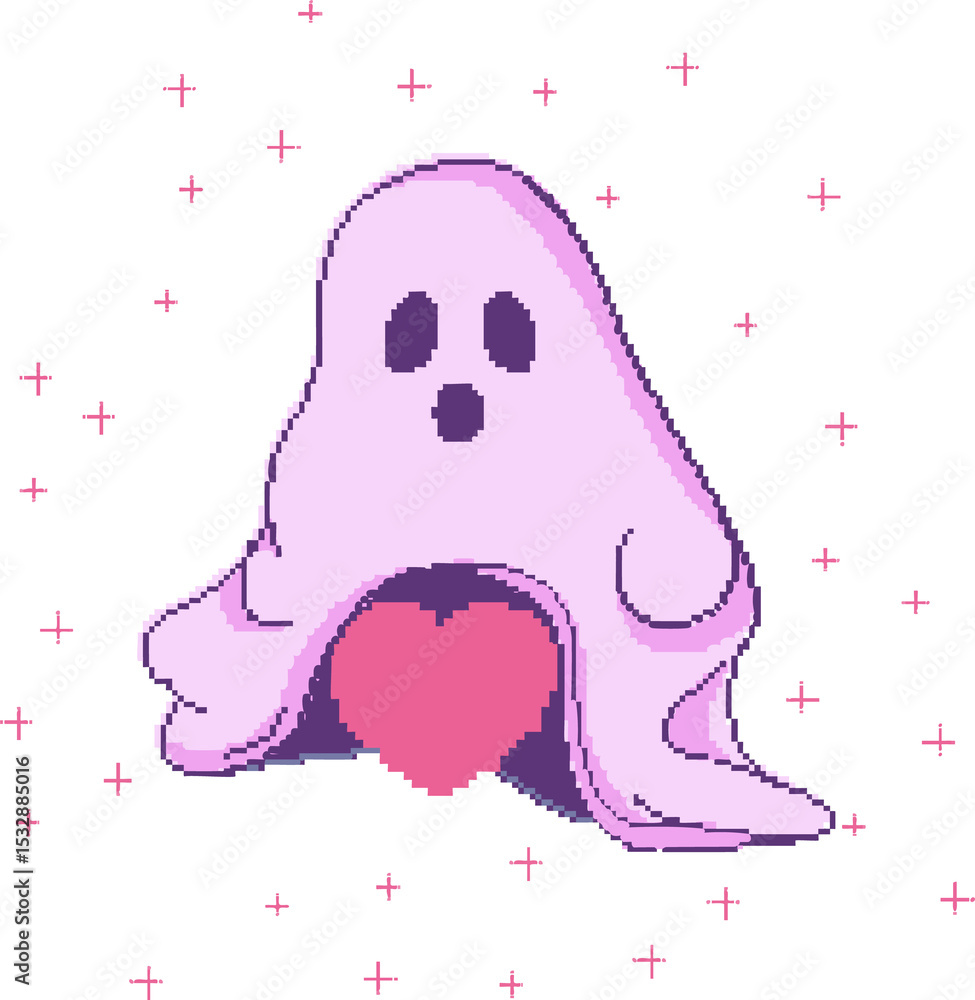 Poster pastel pixel art ghost is hovering over large pink heart on transparent canvas with pixel sparkles