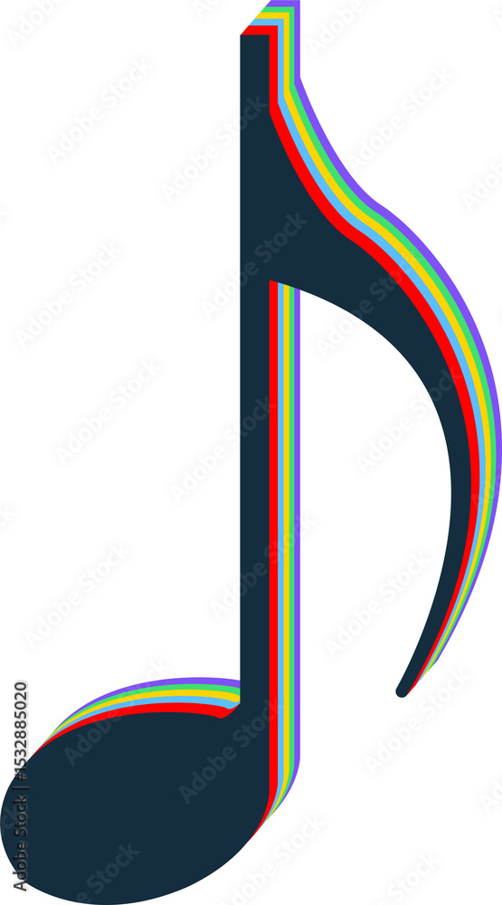 Poster flat design stylized music note is floating on transparent background with rainbow layered outlines