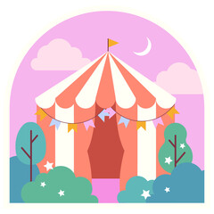 Flat design festival tent is featuring stripes, bunting, foliage, moon on transparent background