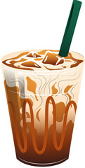 Glass iced latte is showing milk swirling, ice, straw, caramel drizzle, flat, clear background