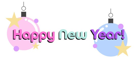 Flat design New Year greeting is floating on transparent canvas, with pastel baubles and stars