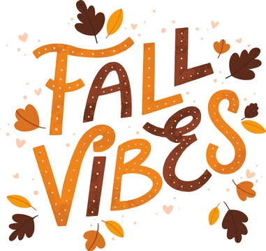 Fototapeta Fall-themed typography is floating on transparent background in flat design with leaves hearts dots