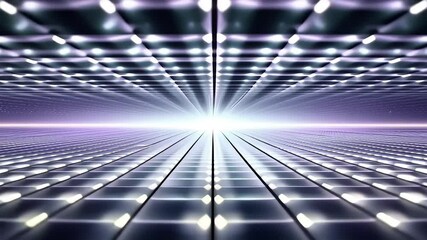 Luminous square grid expanding outward into infinite space with glowing edges pulsating with each movement