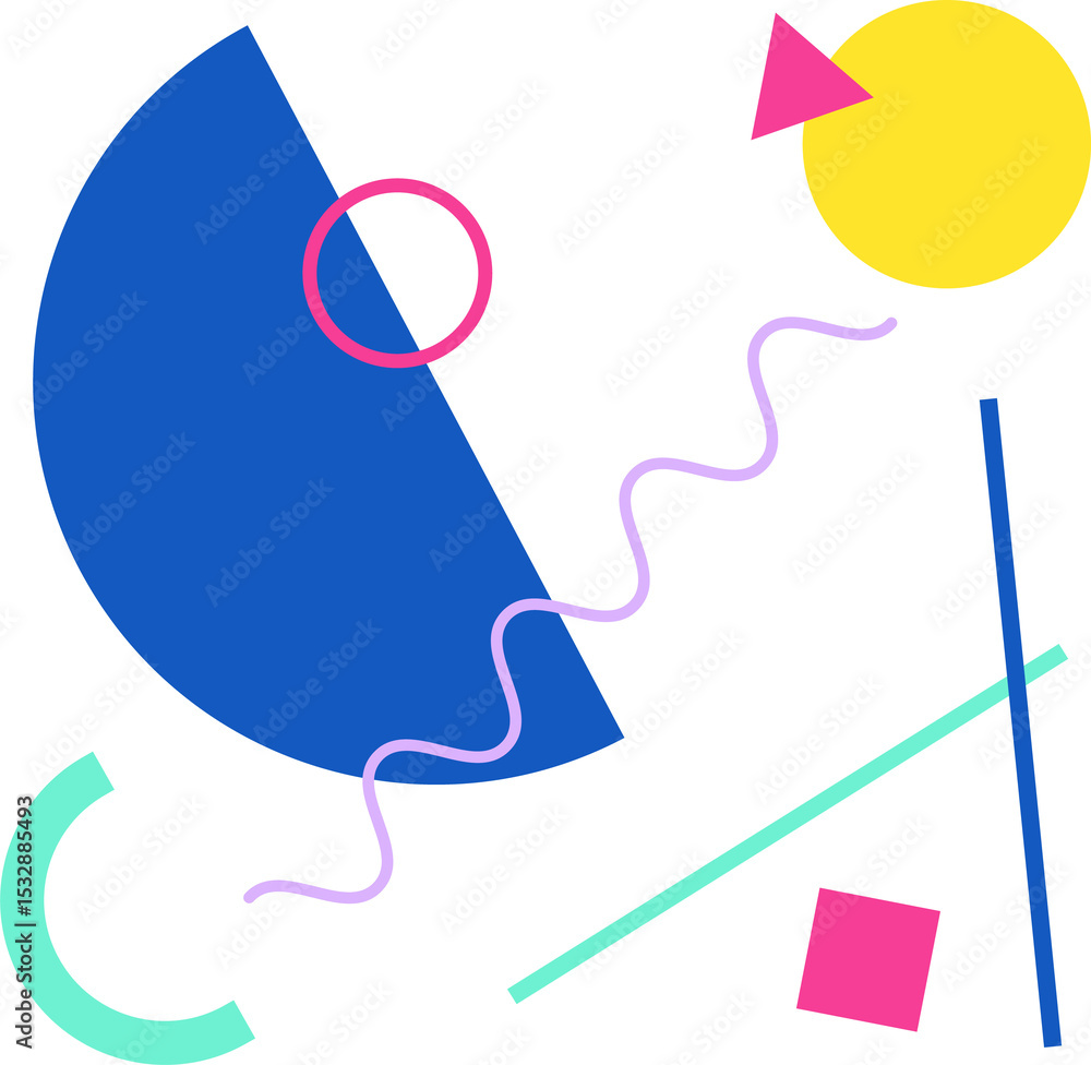 Poster abstract 1980s flat design is displaying floating semi-circle and ring on transparent background