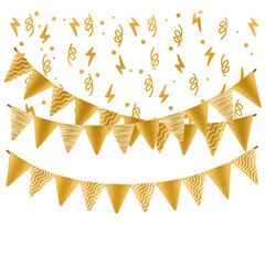 Gold pennant flags and confetti are floating in flat design over transparent background, copy space