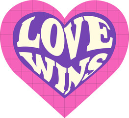 Flat layered heart is showing pink grid, purple heart and LOVE WINS text on transparent backdrop